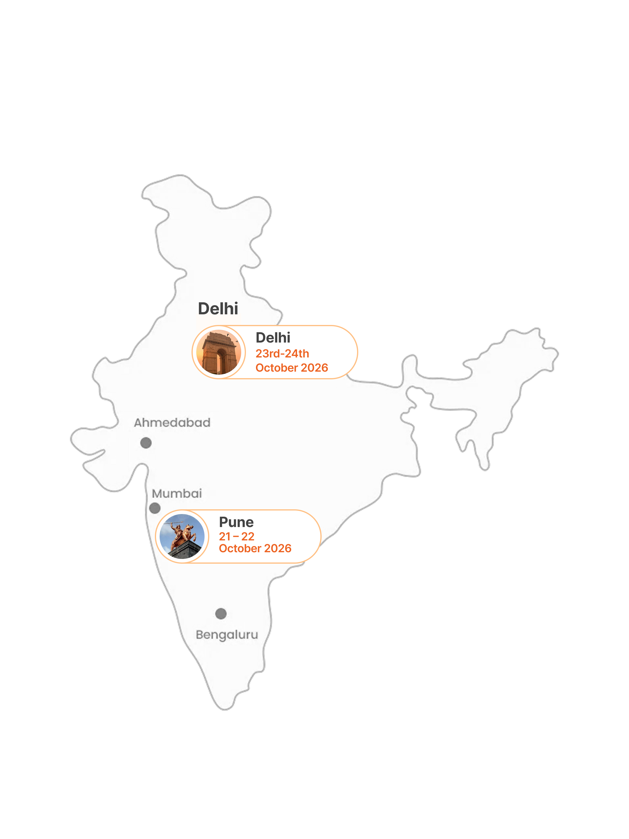 Map of India showing MIT INDIA convening cities: Delhi, Ahmedabad, Mumbai, Pune, Hyderabad and Bengaluru